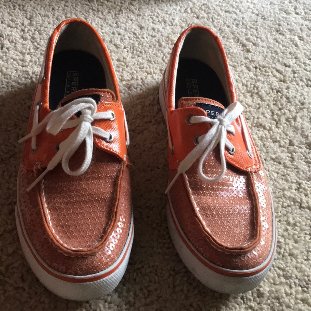 Orange sequined Sperry boat shoes